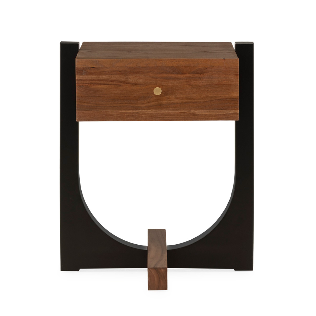 Mesita de noche de madera de olmo color nogal con metal negro mate