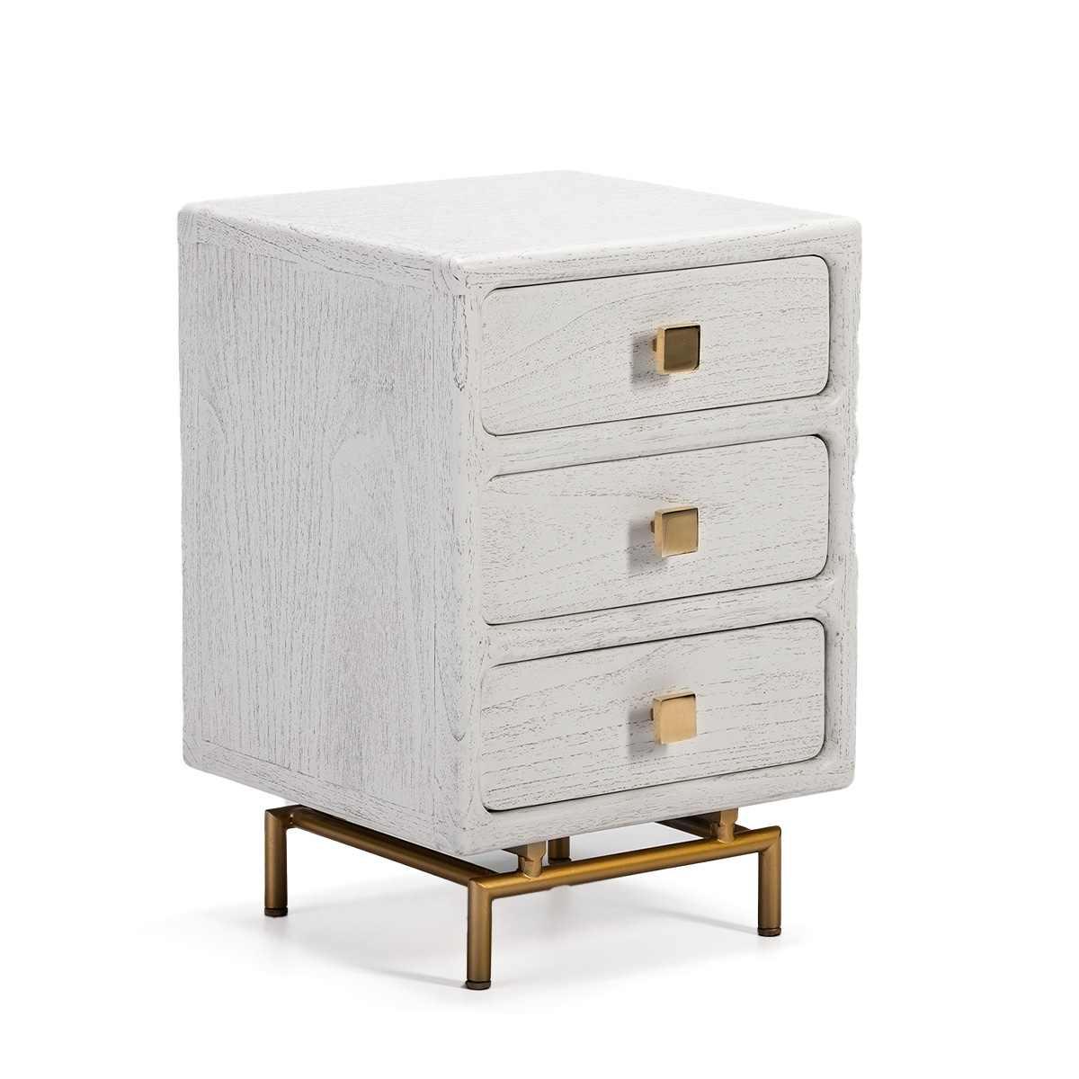 Mesita de noche metal dorado madera mindi blanca