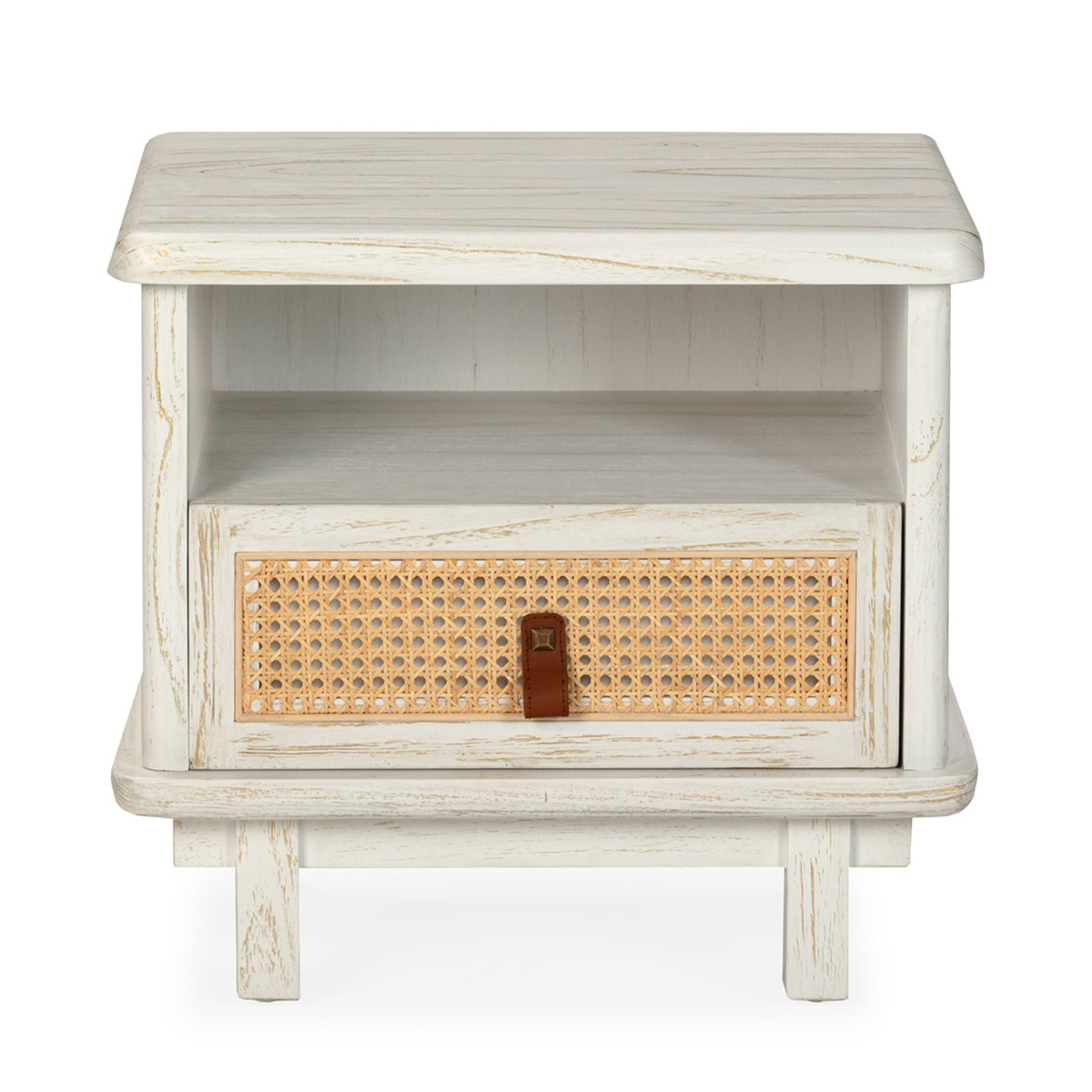 Mesita de noche madera blanca dorada ratán natural