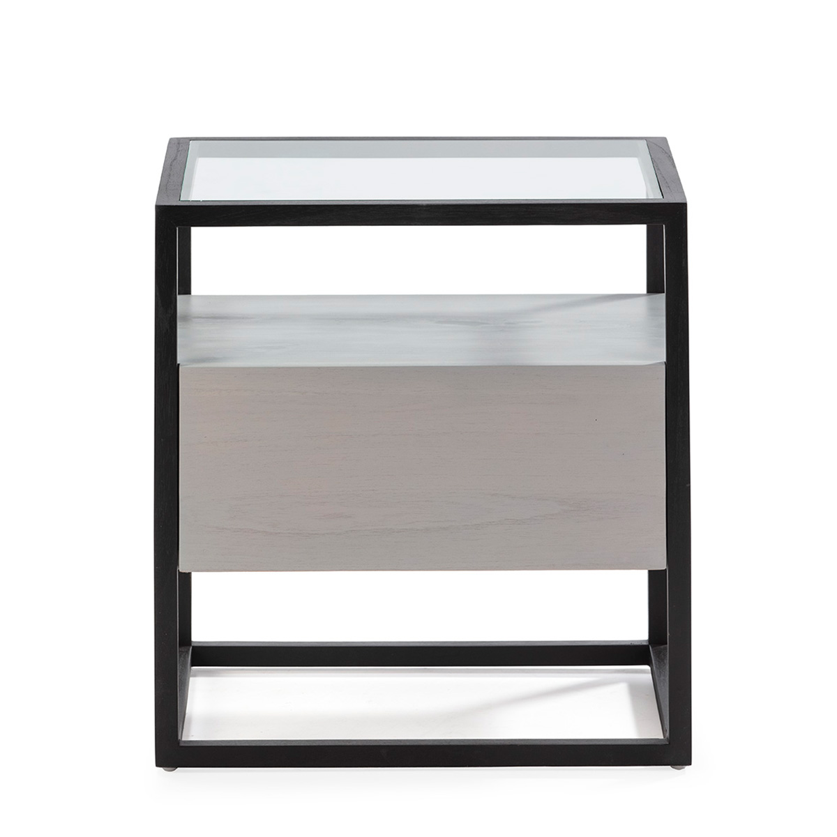 Mesita de noche cristal madera negro patina gris